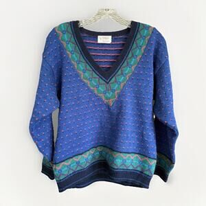 Vintage 80s Beldoch Popper Women’s V-Neck Sweater Blue Green‎ Geometric Size M